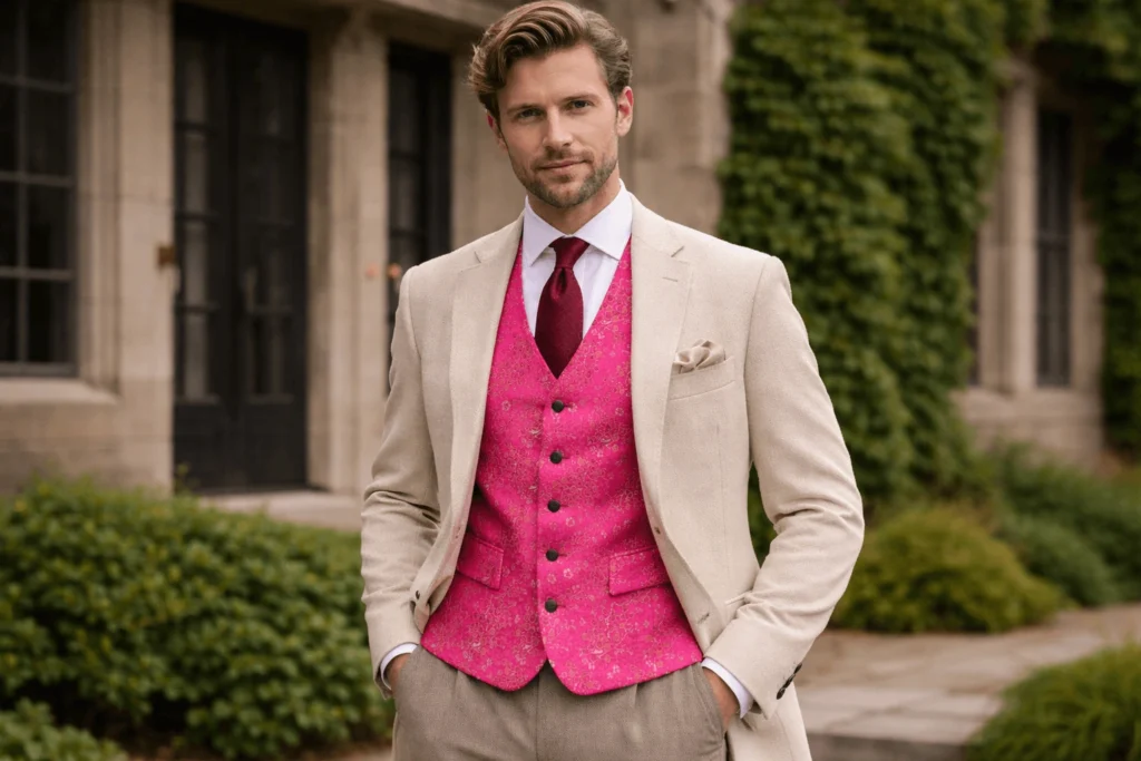 Model Wearing Hot Pink Floral Jacquard Waistcoat With Beige Suit — Jeffery Green UK