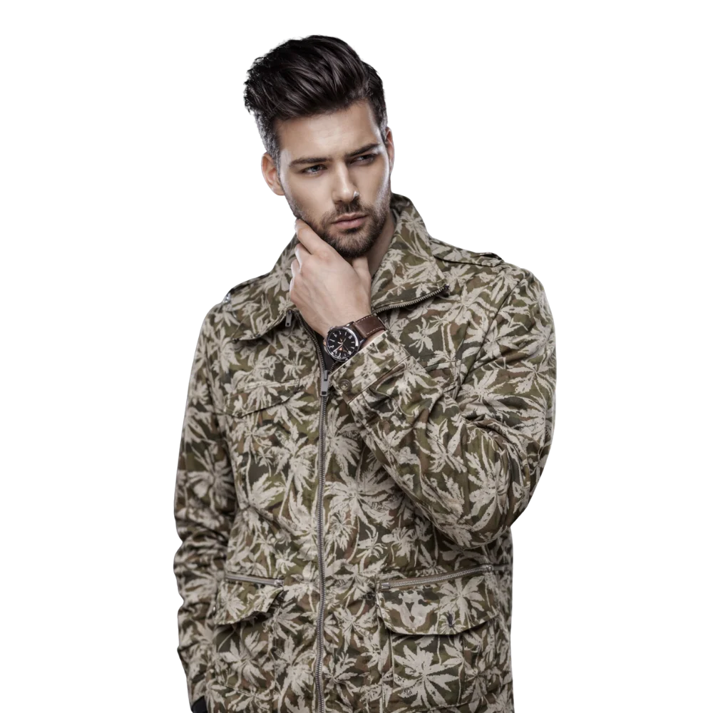 Jeffery Green Olive Green Tropical Print Field Jacket — Men's Palm Leaf Cargo Zip Jacket UK